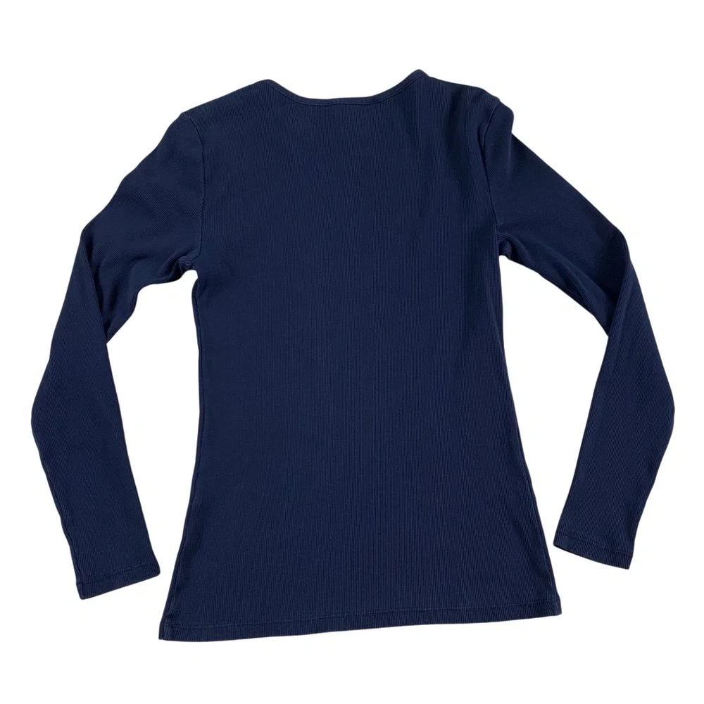 LRL Ribbed Long Sleeve Navy Tee with Logo Button Detail Women S Preppy Academia